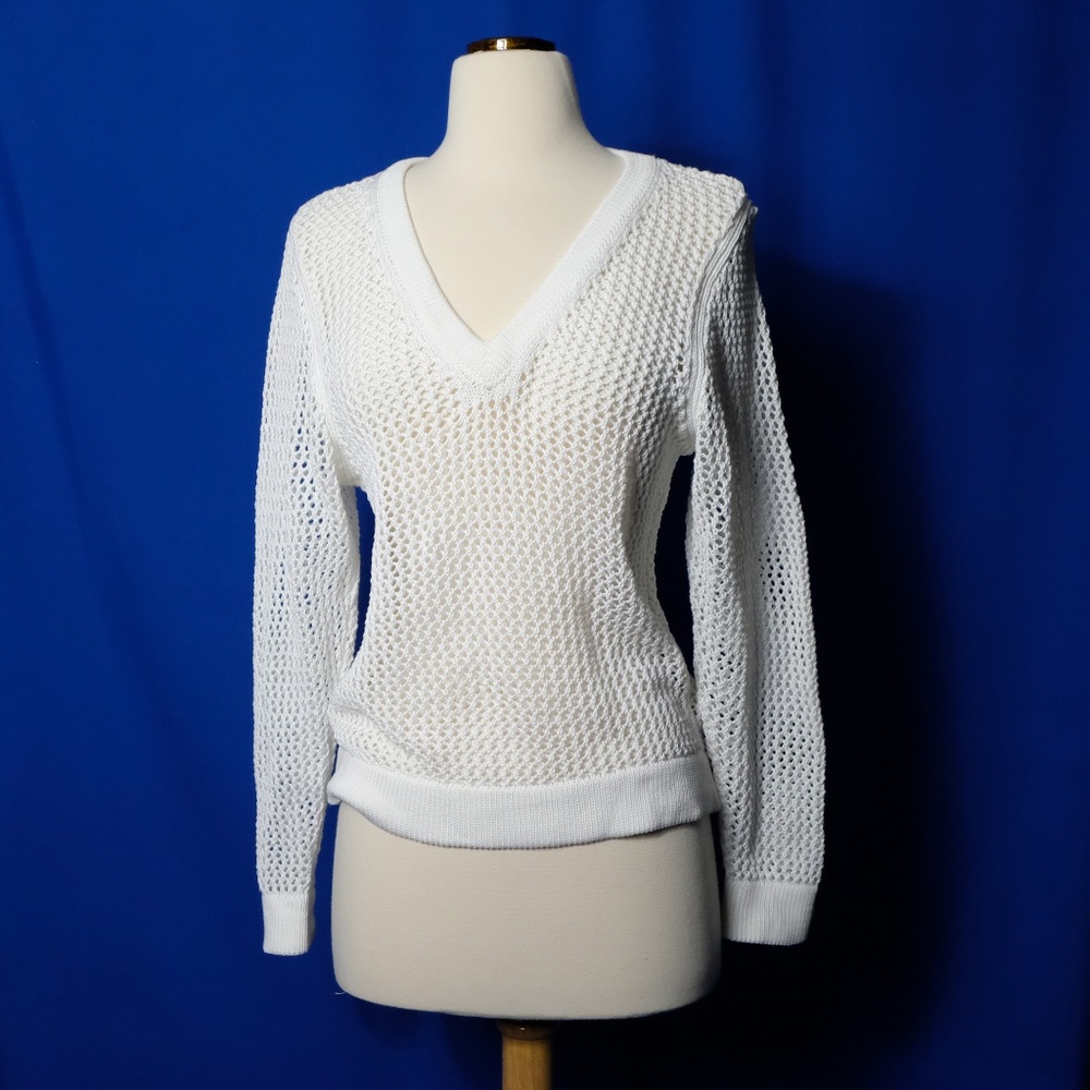 rag & bone White Open Weave V Neck Sweater